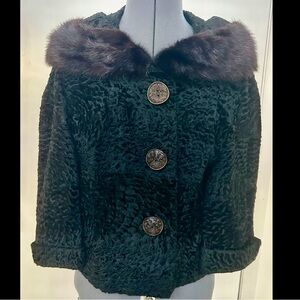 VINTAGE 1960s BLACK FUR PERSIAN CURLY LAMB ASTRAKHAN SHORT COAT  MINK COLLAR S